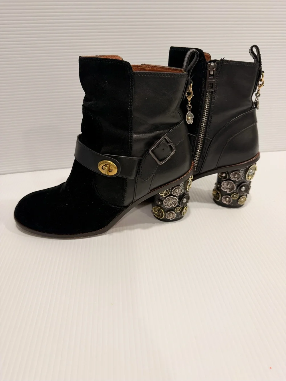 Coach Black Suede Ankle Boots with Leather Strap & Gold Accent